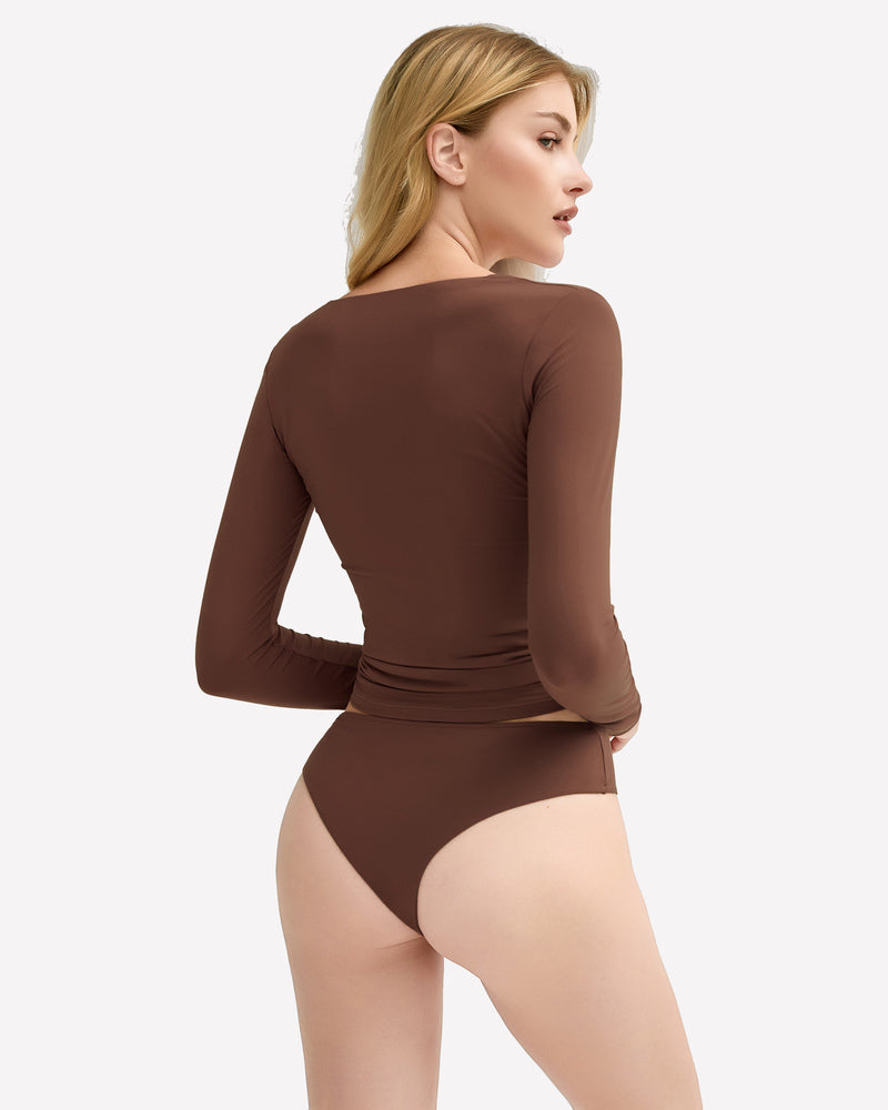 Brown Y2k lingerie set with long sleeve top and underwear. Sexy and stylish outfit.