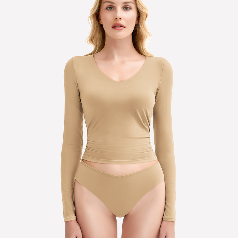 Tan Y2k V-neck lingerie set. Soft, stretchy fabric. Sexy and stylish outfit for all body types.