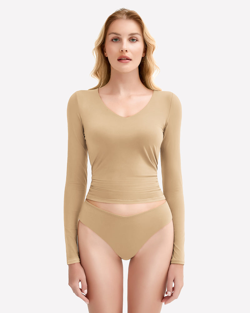 Tan Y2k V-neck lingerie set. Soft, stretchy fabric. Sexy and stylish outfit for all body types.