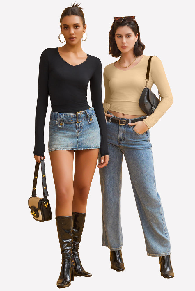 Y2k long sleeve tops: black and tan. Soft, stretchy fabric. Sexy and stylish outfits for women.