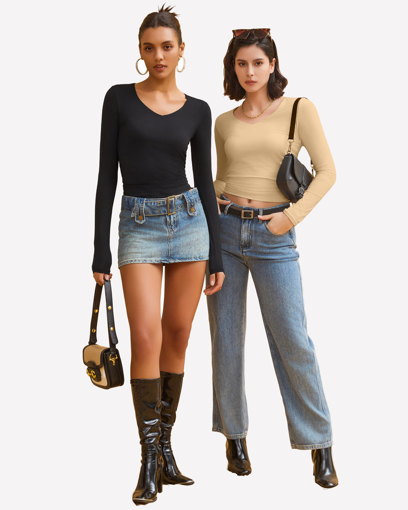 Y2k long sleeve tops: black and tan. Soft, stretchy fabric. Sexy and stylish outfits for women.