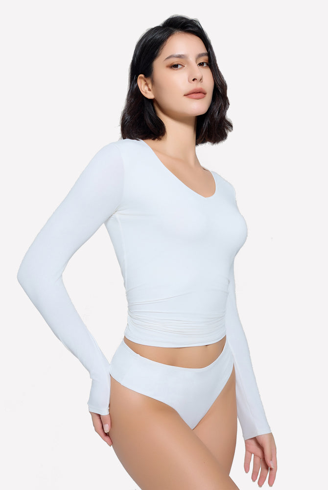 White Y2k long sleeve top and panties set. Soft, stretchy lingerie for women.