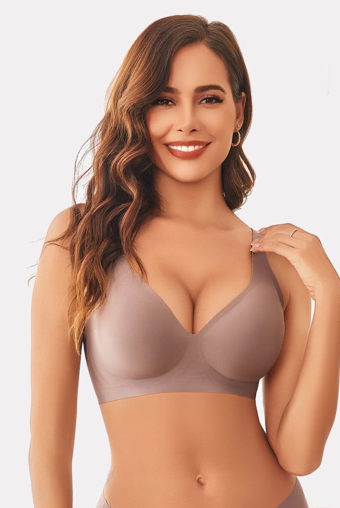 Woman in Avidlove wireless push-up bra, full coverage, neutral color for comfort and support.