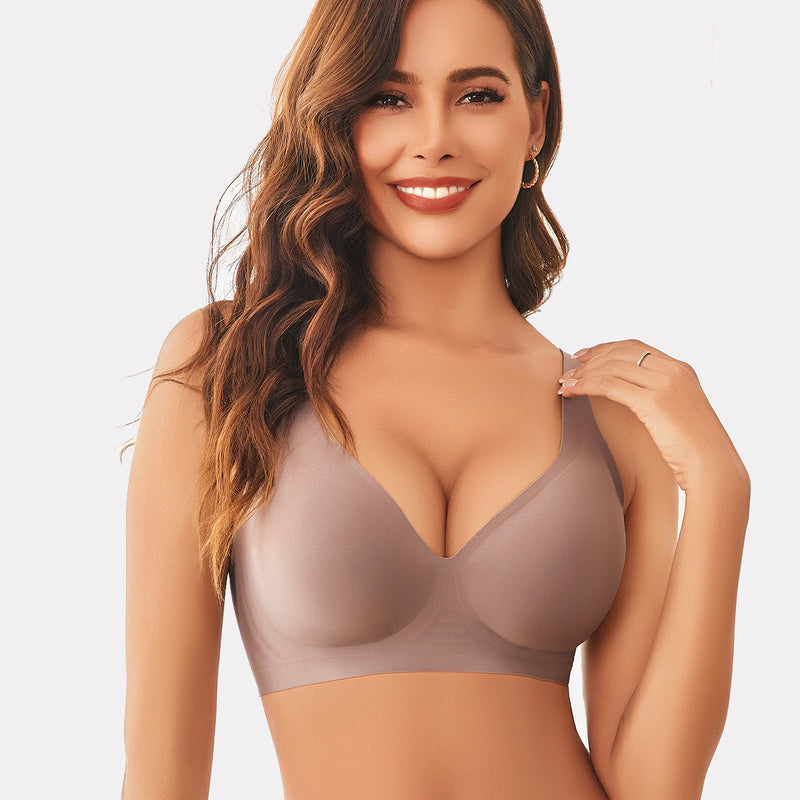 Woman in Avidlove wireless push-up bra, full coverage, neutral color for comfort and support.
