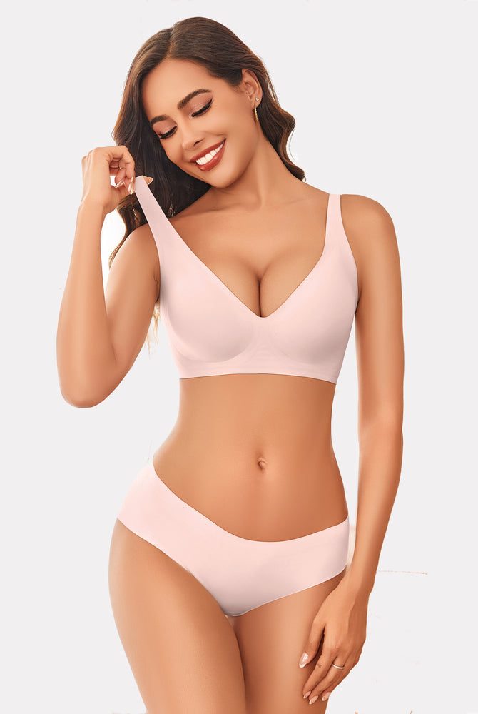 Avidlove light pink wireless push-up bra and panty set. Full coverage and comfortable for women.