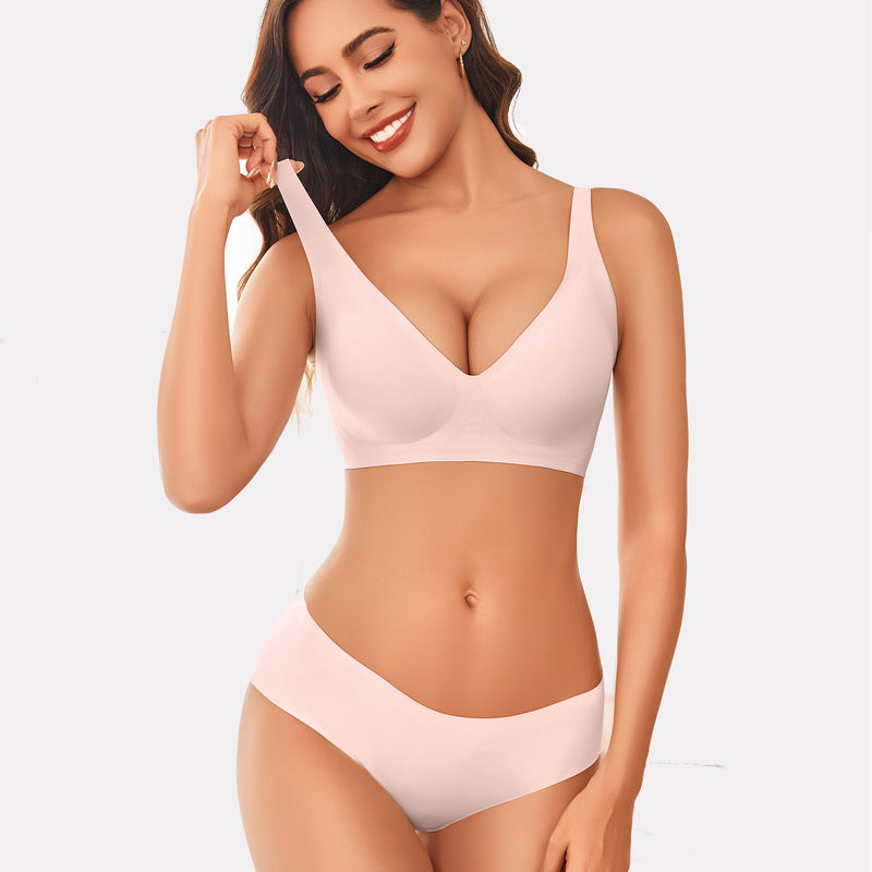 Avidlove light pink wireless push-up bra and panty set. Full coverage and comfortable for women.