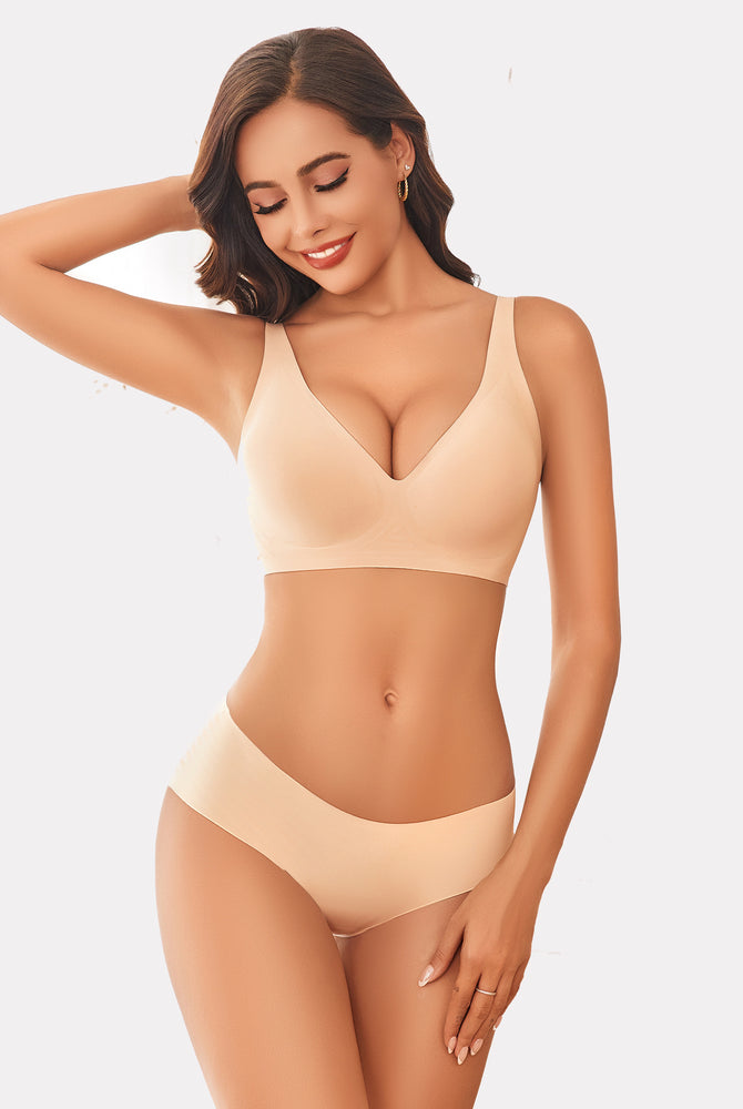 Beige Avidlove wireless push-up bra and panty set. Full coverage and comfortable lingerie.