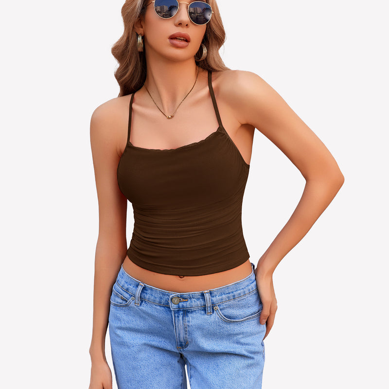 Cowl Neck Tops Mesh Ruched Camisole