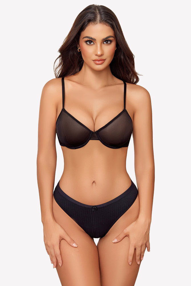 Black sheer mesh unlined underwire bra and panty set; stylish lingerie