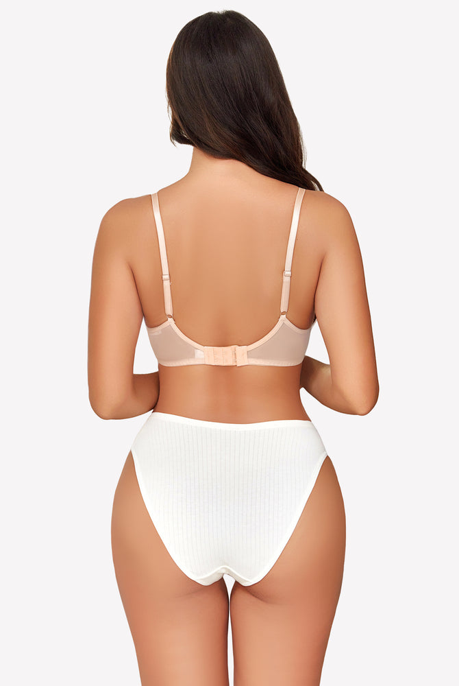 Beige sheer mesh unlined underwire bra and white high-waisted panties, contouring design.