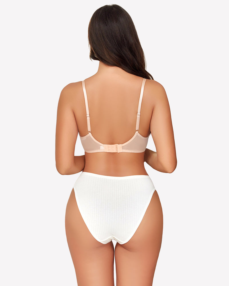 Beige sheer mesh unlined underwire bra and white high-waisted panties, contouring design.