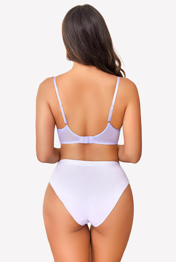 Lavender sheer mesh unlined bra and panties set, highlighting natural contours; stylish lingerie.