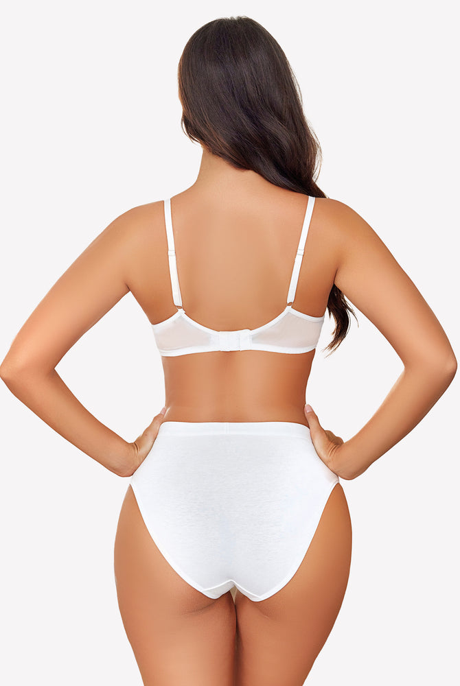 White sheer mesh lingerie set, unlined bra and panty set, adjustable straps, contouring design.