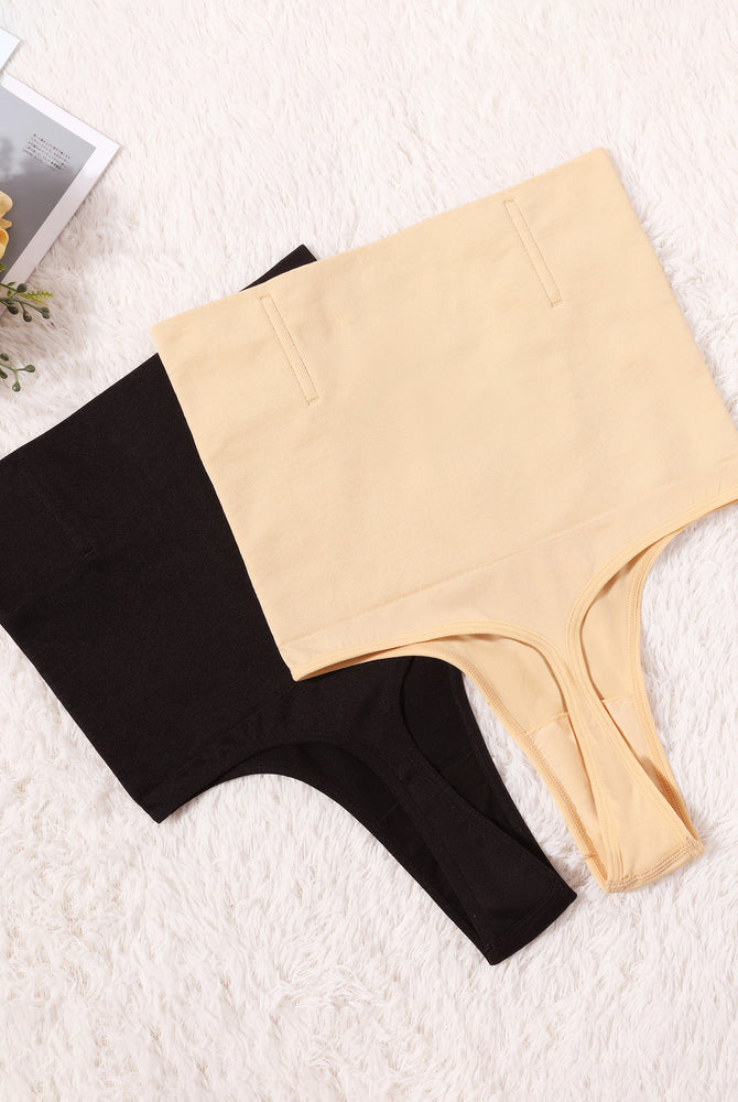 Black and beige high-waisted tummy control thong shapewear, smooth silhouette, and comfortable fit.