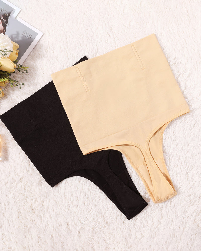 Black and beige high-waisted tummy control thong shapewear, smooth silhouette, and comfortable fit.