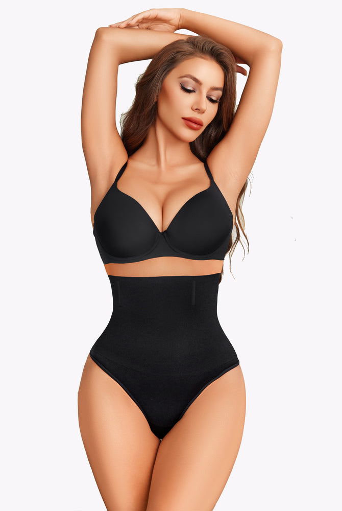 Black high-waisted tummy control shapewear, designed for smooth silhouette and comfortable fit