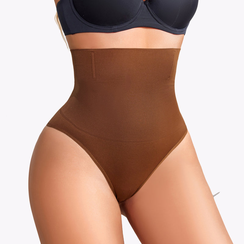Brown high-waisted tummy control thong shapewear, designed for smooth silhouette and comfortable fit