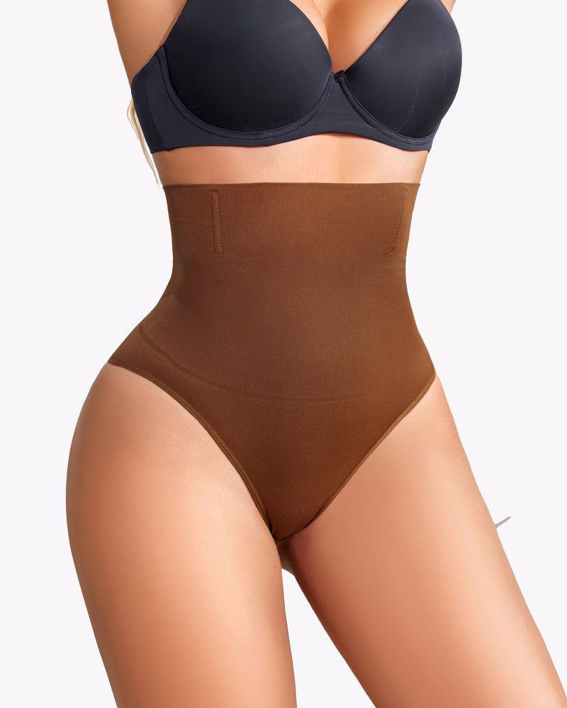 Brown high-waisted tummy control thong shapewear, designed for smooth silhouette and comfortable fit