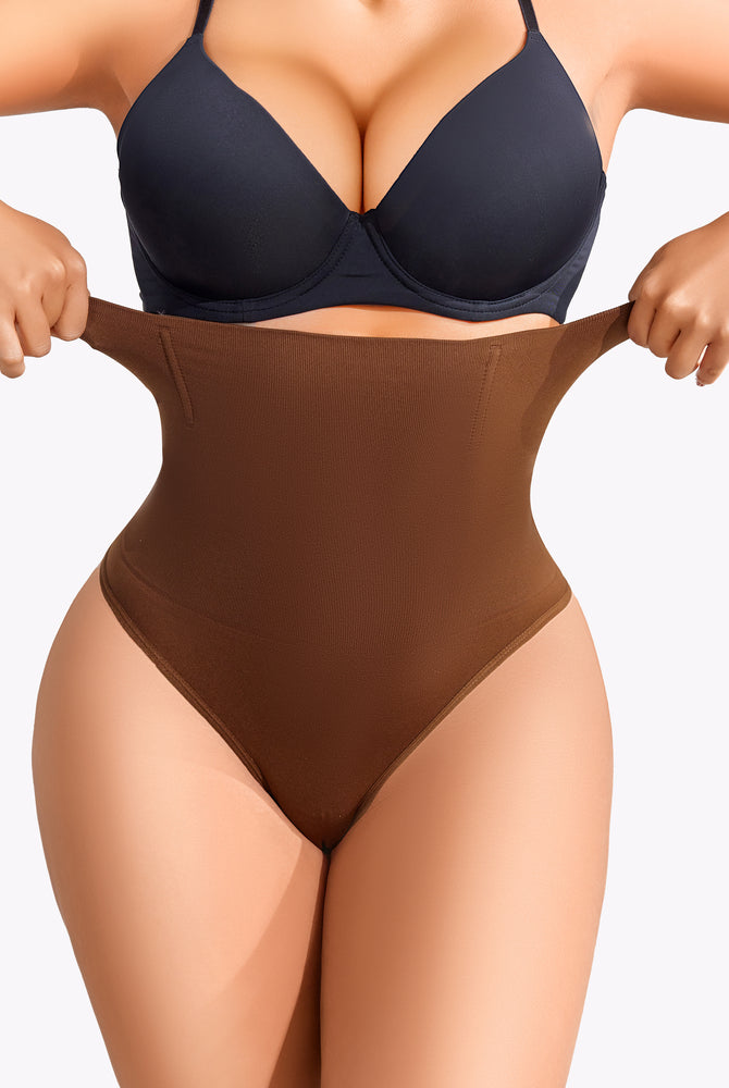 Brown tummy control thong shapewear, highlighting stretch and tummy control for an hourglass figure