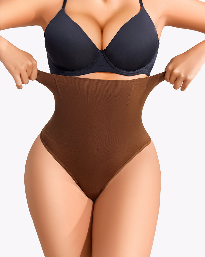 Brown tummy control thong shapewear, highlighting stretch and tummy control for an hourglass figure