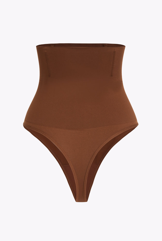 Brown high-waisted tummy control thong shapewear for smooth silhouette