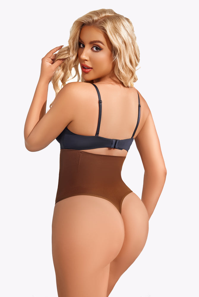 Brown high-waisted tummy control thong shapewear, smooth silhouette and comfortable fit.
