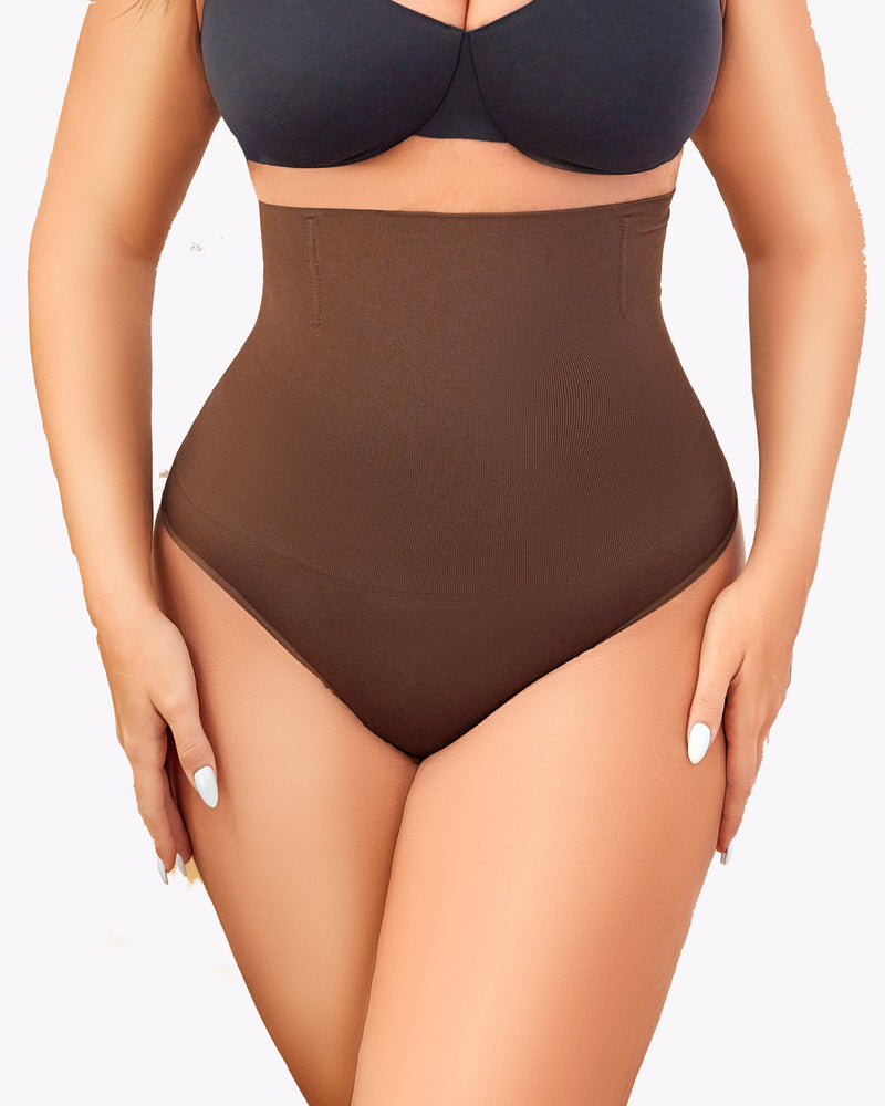 Brown high-waisted tummy control thong shapewear for smooth silhouette and comfortable fit.