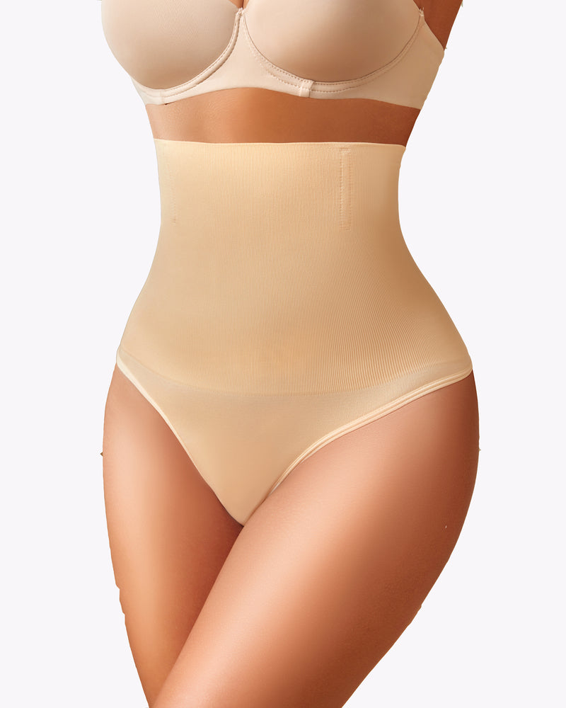 Beige tummy control thong shapewear with high waist for tummy control and smooth silhouette