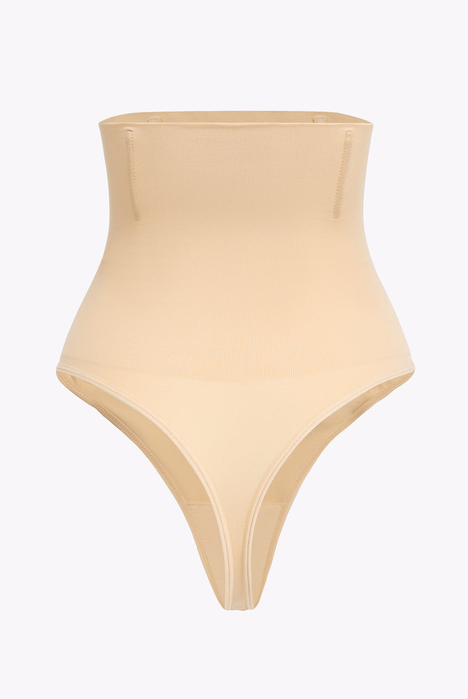 Beige high-waisted tummy control thong shapewear for smooth silhouette and comfort
