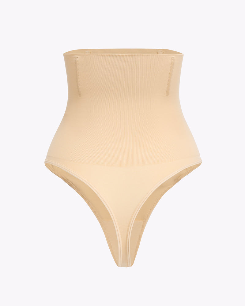 Beige high-waisted tummy control thong shapewear for smooth silhouette and comfort
