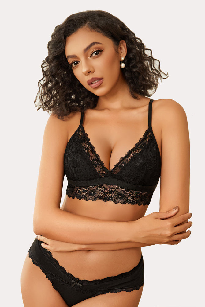 Black lace bralette set, featuring a V-neck design and comfortable fit. Perfect for everyday wear.