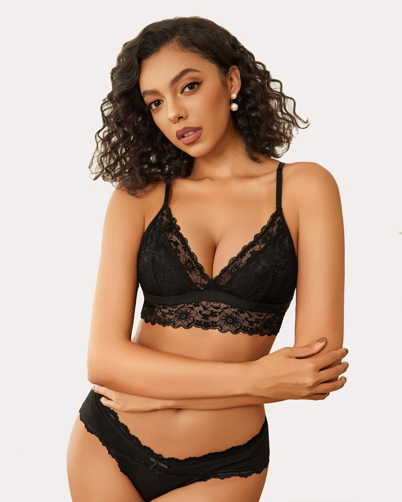 Black lace bralette set, featuring a V-neck design and comfortable fit. Perfect for everyday wear.
