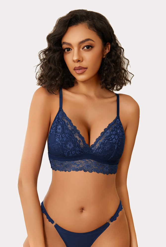 Navy blue lace bralette set. Wireless, non-padded, V-neck. Sexy lace lingerie.