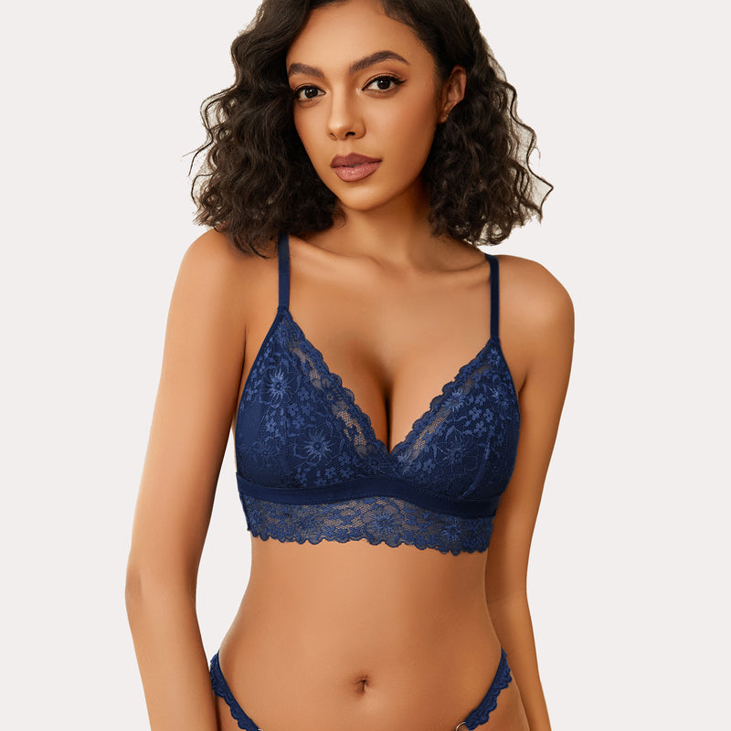 Navy blue lace bralette set. Wireless, non-padded, V-neck. Sexy lace lingerie.