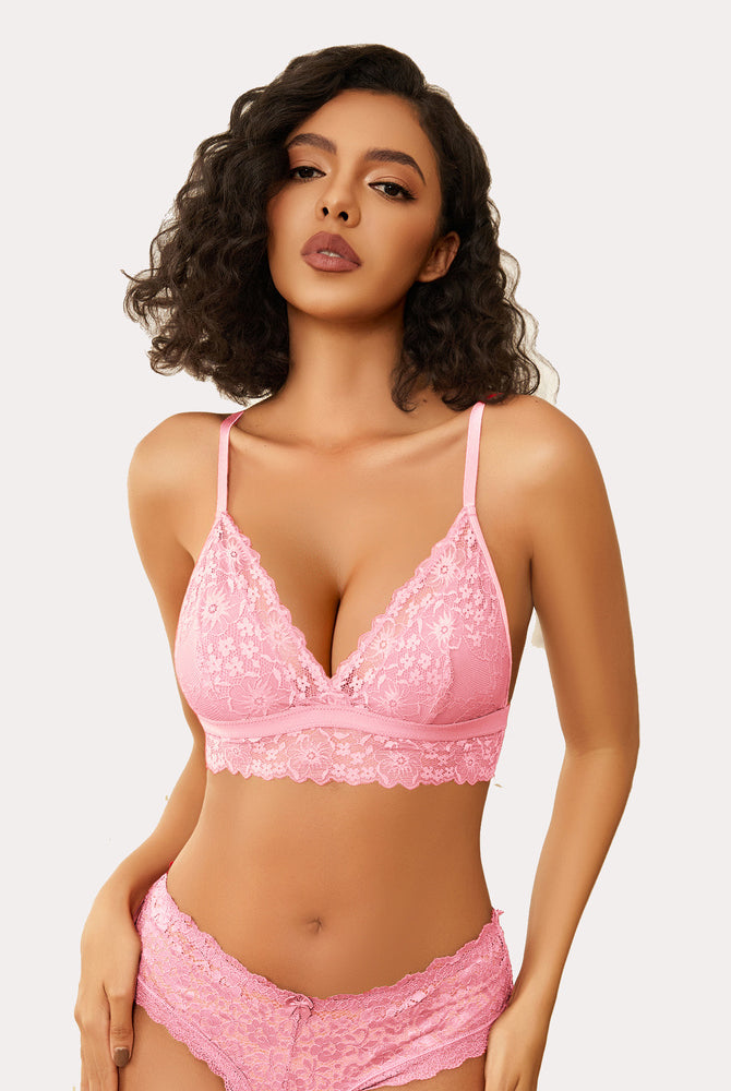 Pink lace bralette and underwear set. Wireless, non-padded, V-neck design. Sexy lingerie for women.