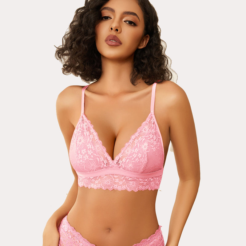 Pink lace bralette and underwear set. Wireless, non-padded, V-neck design. Sexy lingerie for women.