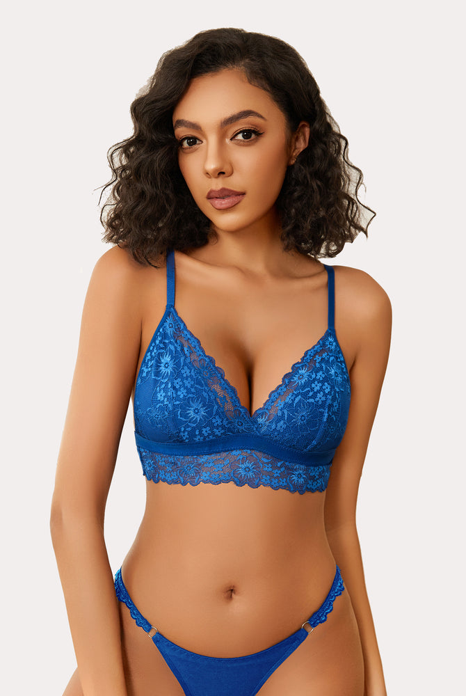 Blue lace wireless bralette and underwear set. Non-padded, V-neck design. Sexy lingerie for women.