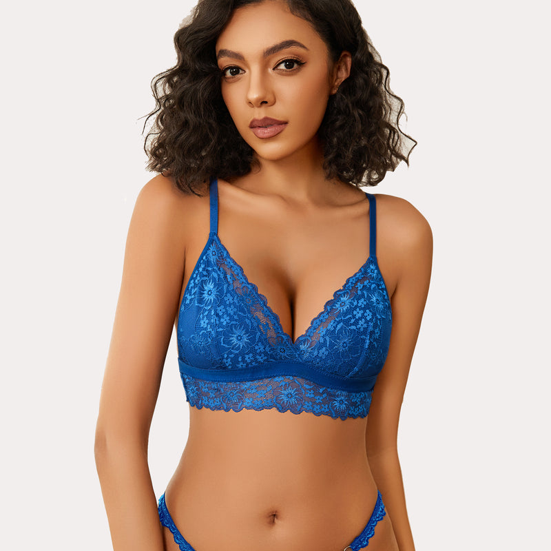 Blue lace wireless bralette and underwear set. Non-padded, V-neck design. Sexy lingerie for women.