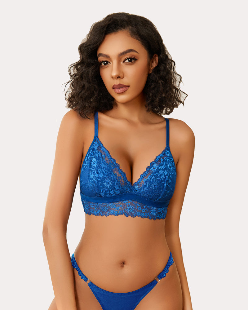 Blue lace wireless bralette and underwear set. Non-padded, V-neck design. Sexy lingerie for women.