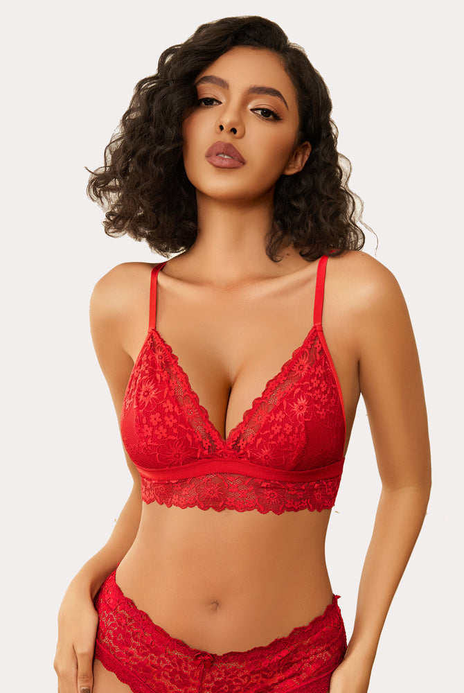 Red lace bralette and underwear set. Wireless, non-padded, V-neck design. Sexy lingerie for women.