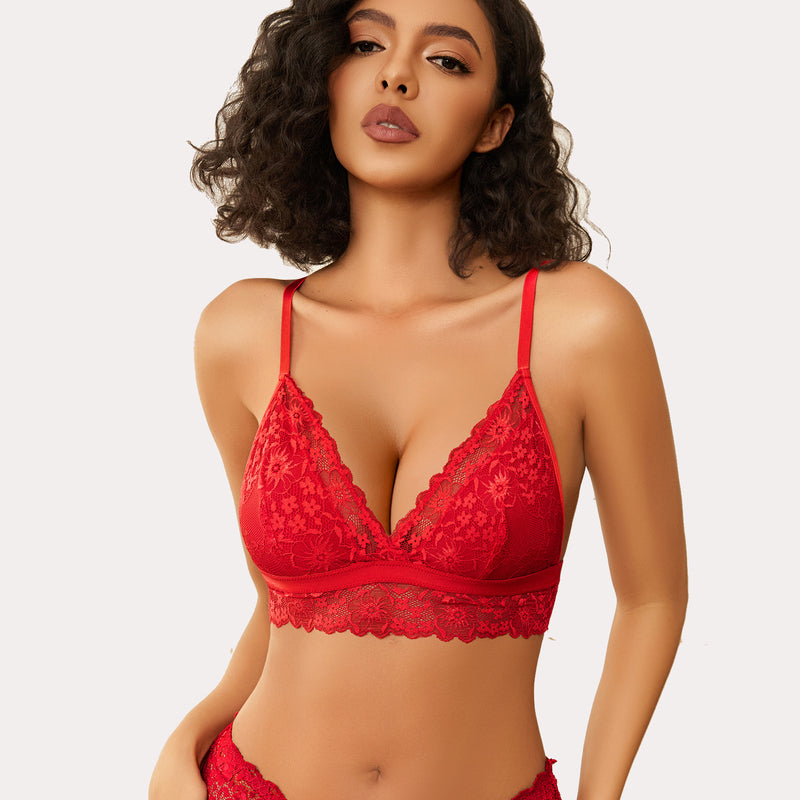 Red lace bralette and underwear set. Wireless, non-padded, V-neck design. Sexy lingerie for women.