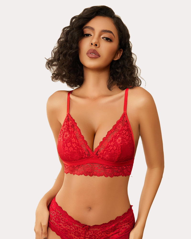 Red lace bralette and underwear set. Wireless, non-padded, V-neck design. Sexy lingerie for women.