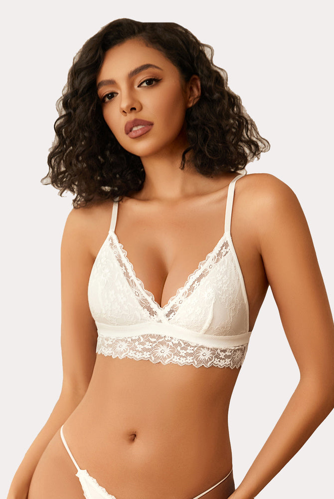 White lace bralette and underwear set. Wireless, non-padded V-neck design. Sexy lingerie for women.