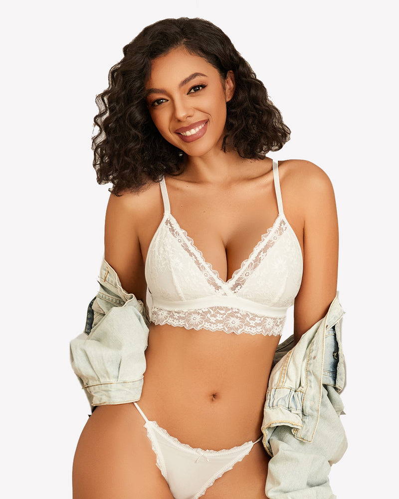 White lace wireless bralette and thong set. Non-padded V-neck design. Sexy lingerie for women.