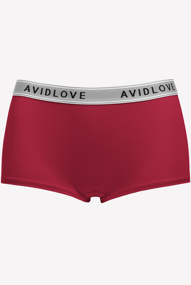 Avidlove red cotton full coverage shorts, low-rise design, with Avidlove brand on waistband
