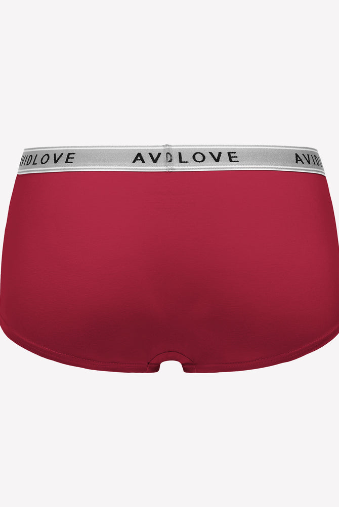 Avidlove red cotton full coverage shorts, low-rise design, Avidlove brand on waistband