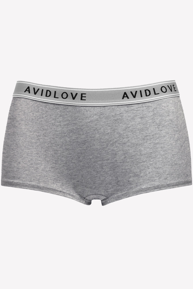 Avidlove gray cotton full coverage shorts with low-rise design and Avidlove brand on waistband