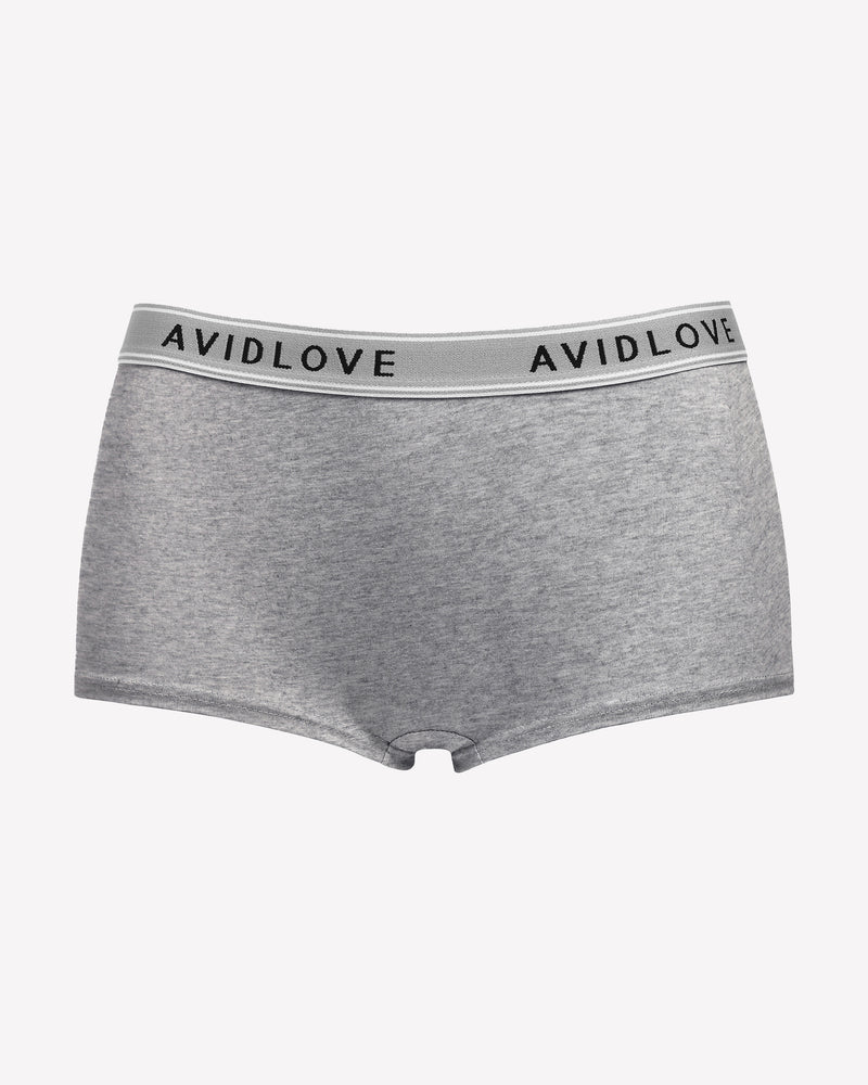 Avidlove gray cotton full coverage shorts with low-rise design and Avidlove brand on waistband