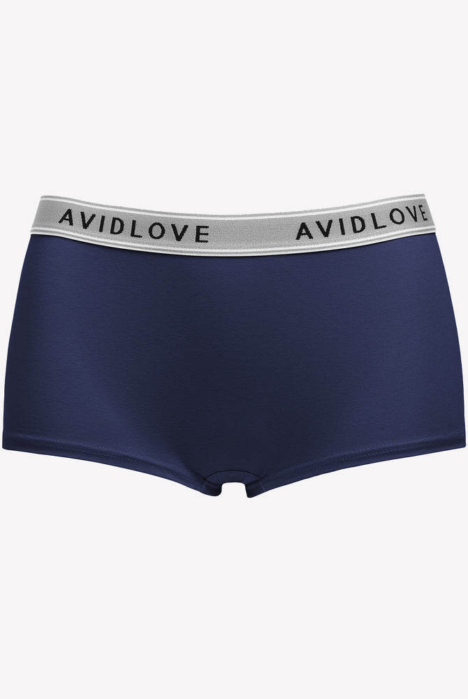 Avidlove navy blue cotton full coverage shorts, low-rise design, Avidlove brand on waistband