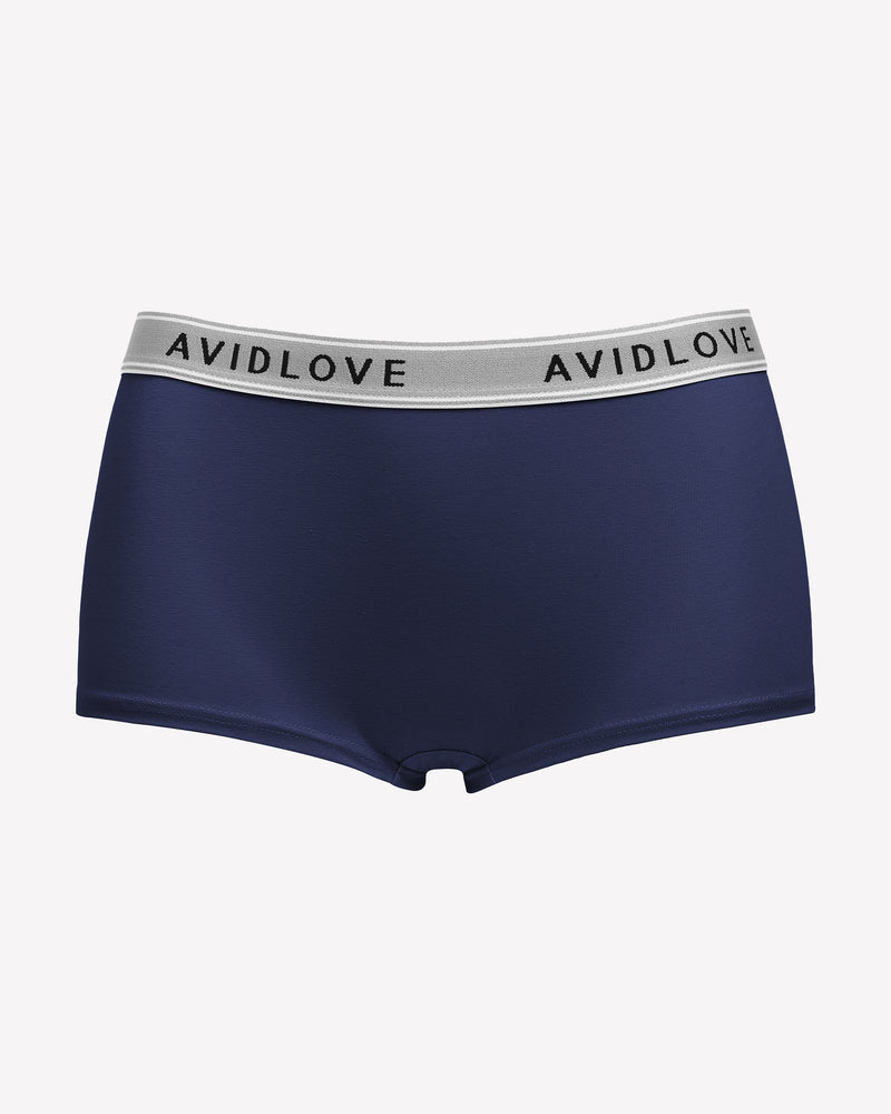 Avidlove navy blue cotton full coverage shorts, low-rise design, Avidlove brand on waistband